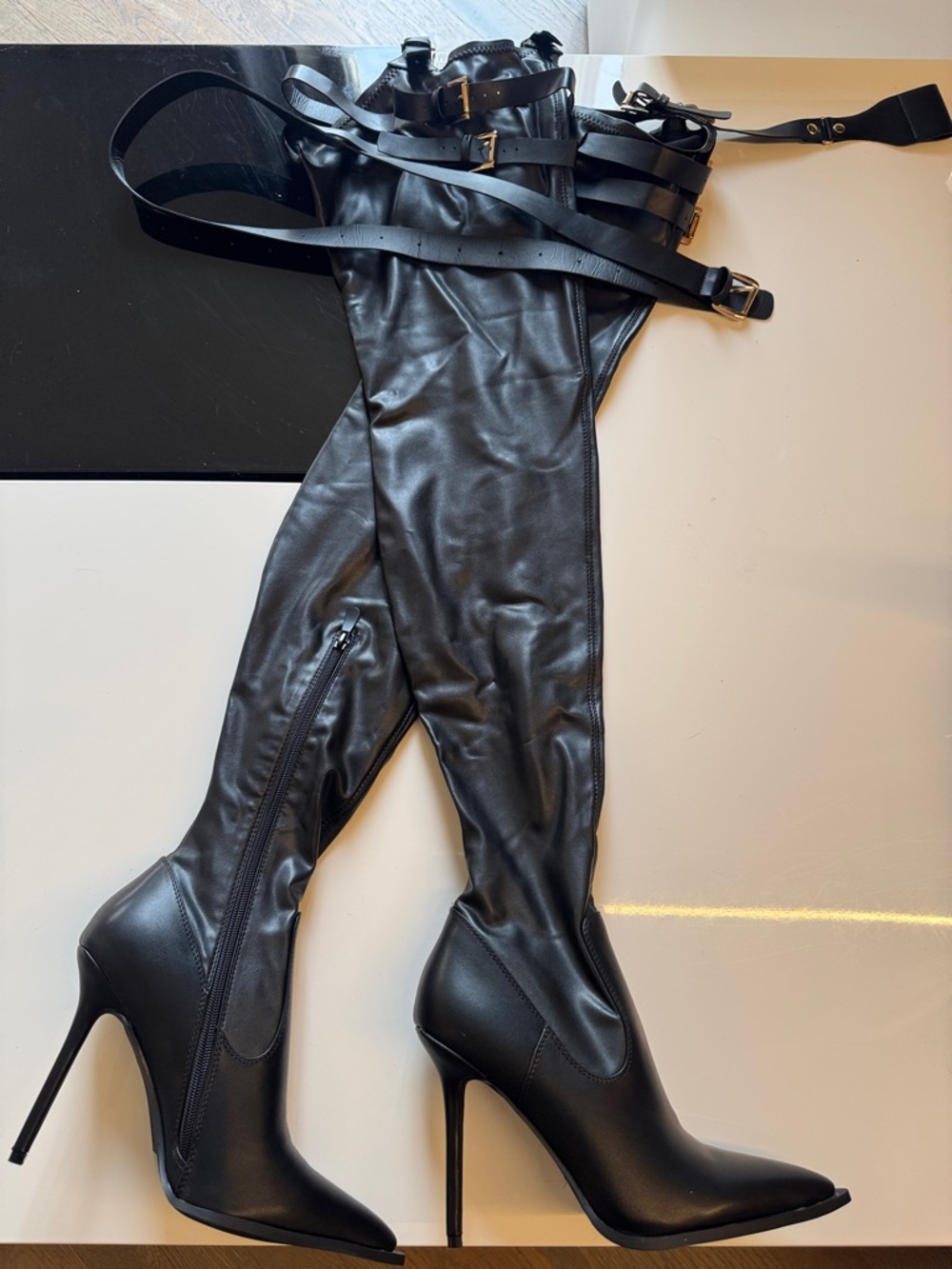 Azalea Wang Alessia Thigh-High Stiletto Boots with garters and belt.